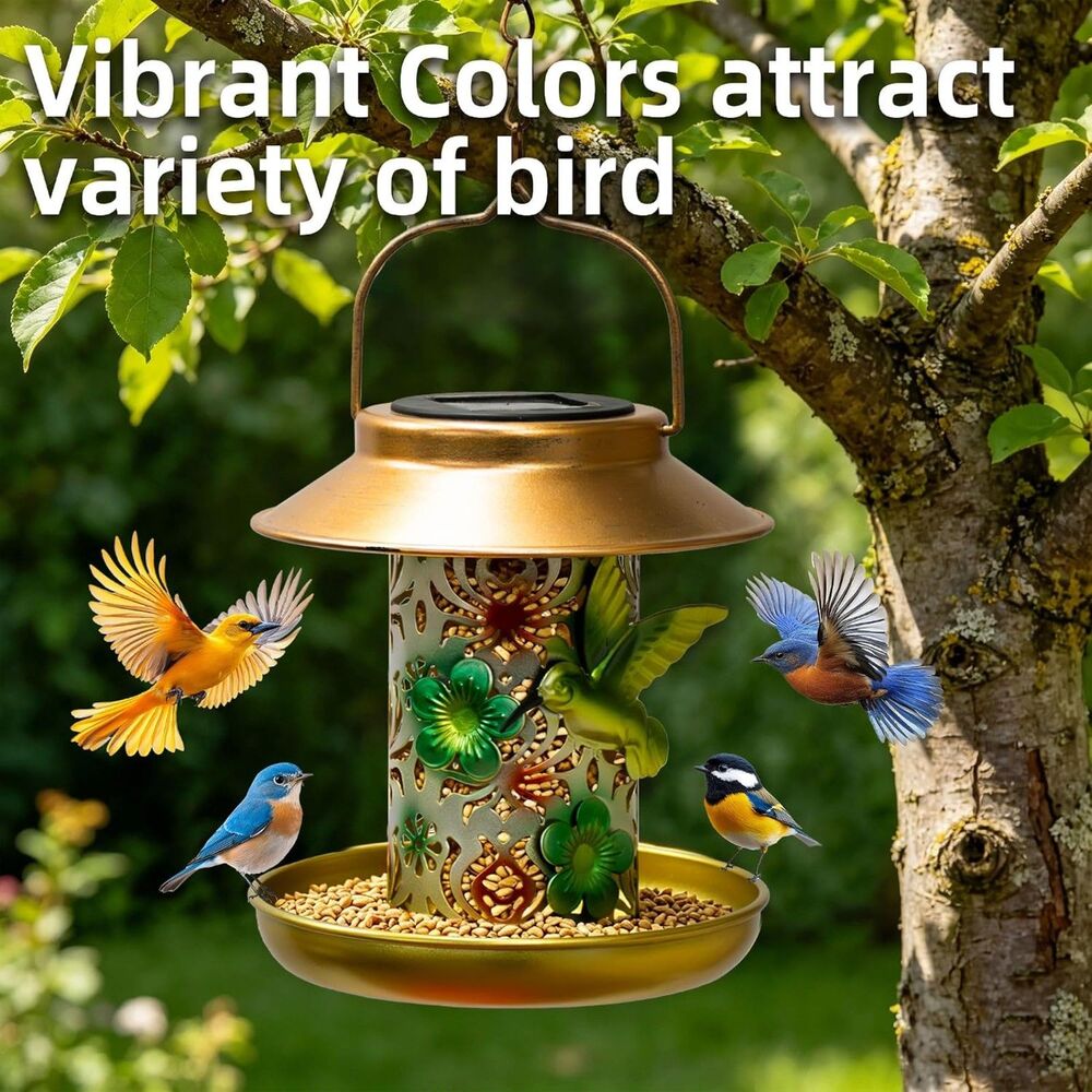 Solar Bird Feeder Lantern Outdoor Hanging Metal Dusk to Dawn Garden Light S Hook